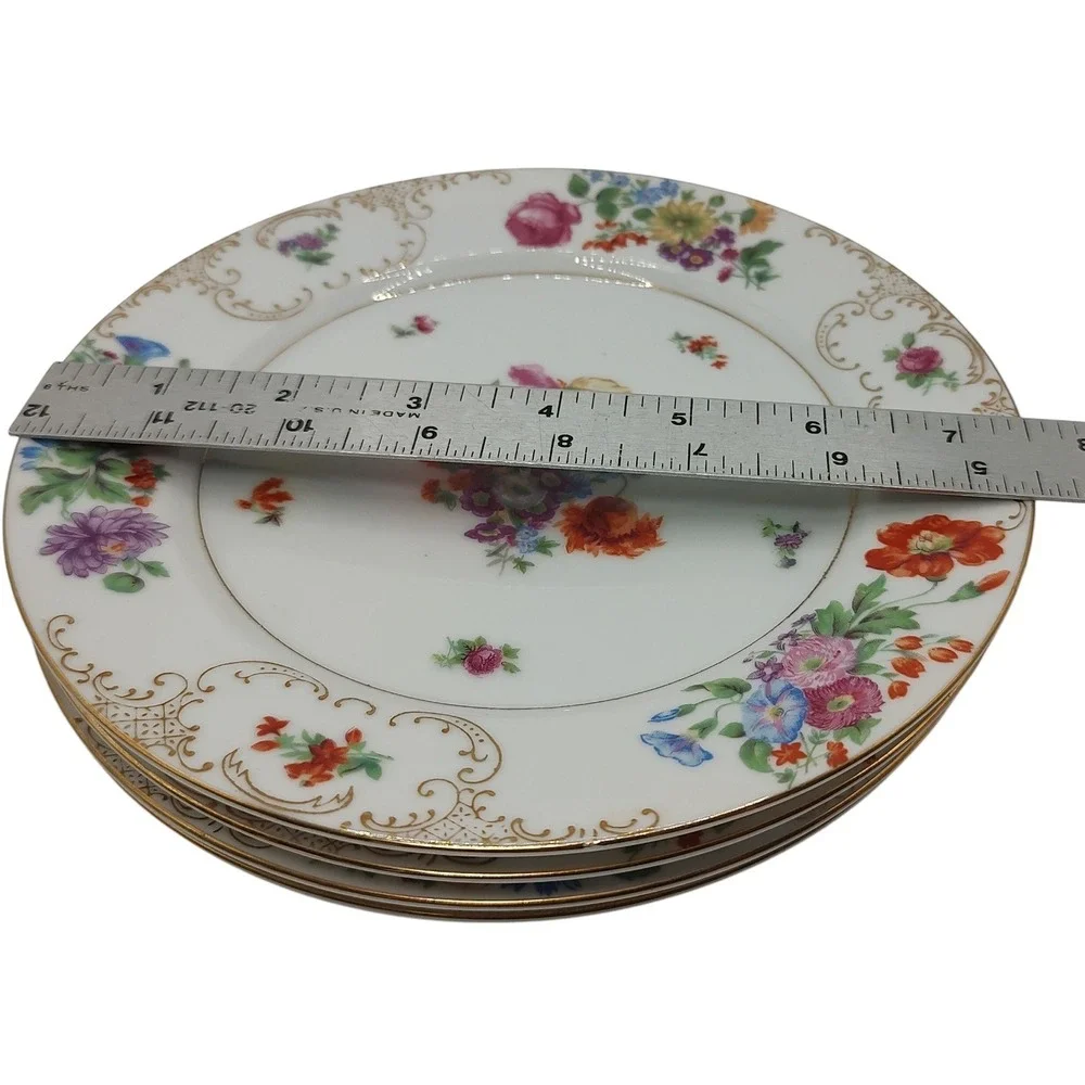 Vintage SGK China Salad Plate Floral Pattern‎ Gold Trim Scroll Set of Four